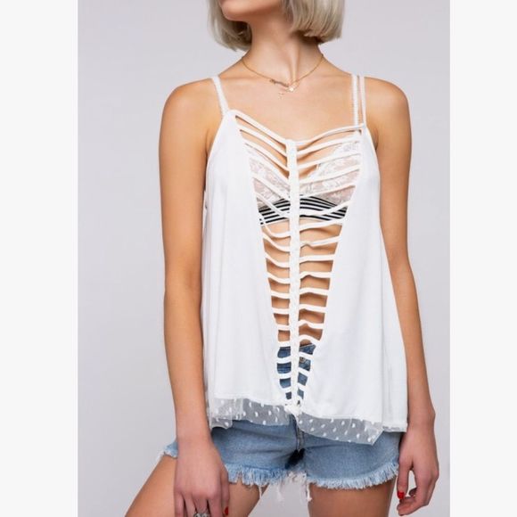 Knit Plunging V-Neck Braided Laser Cut Top - Picture 2 of 4